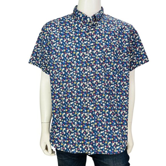 J Crew Mens Slim Fit Short Sleeve Cotton Poplin Shirt Blue Ditzy Floral Size XXL - Picture 2 of 14